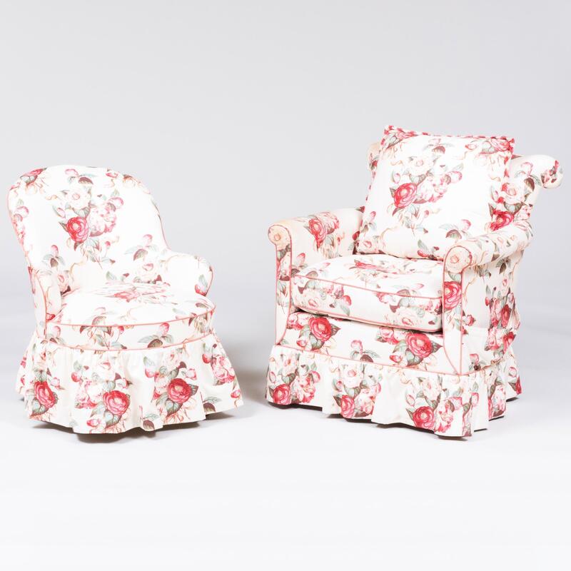 Appraisal: Two Floral Linen Chintz Upholstered Chairs One a small arm