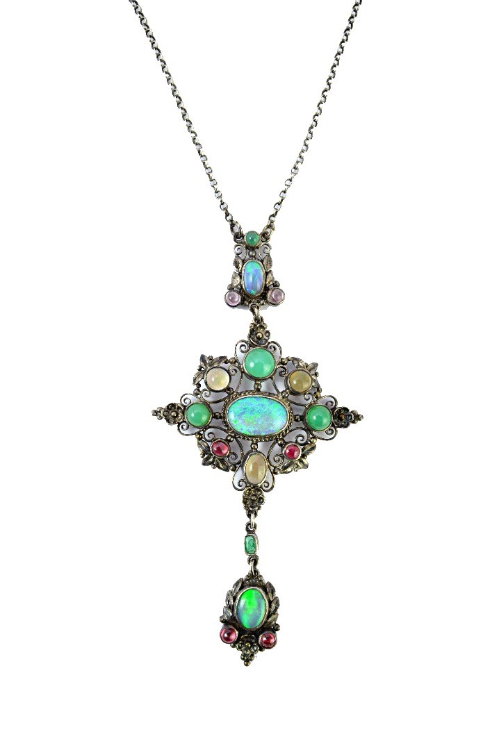 Appraisal: A silver opal and cabochon coloured gemstone set pendant necklace