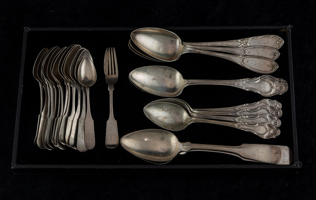 Appraisal: COLLECTION OF MOSTLY COIN SILVER TABLESPOONS AND TEASPOONS TOTAL WEIGHABLE