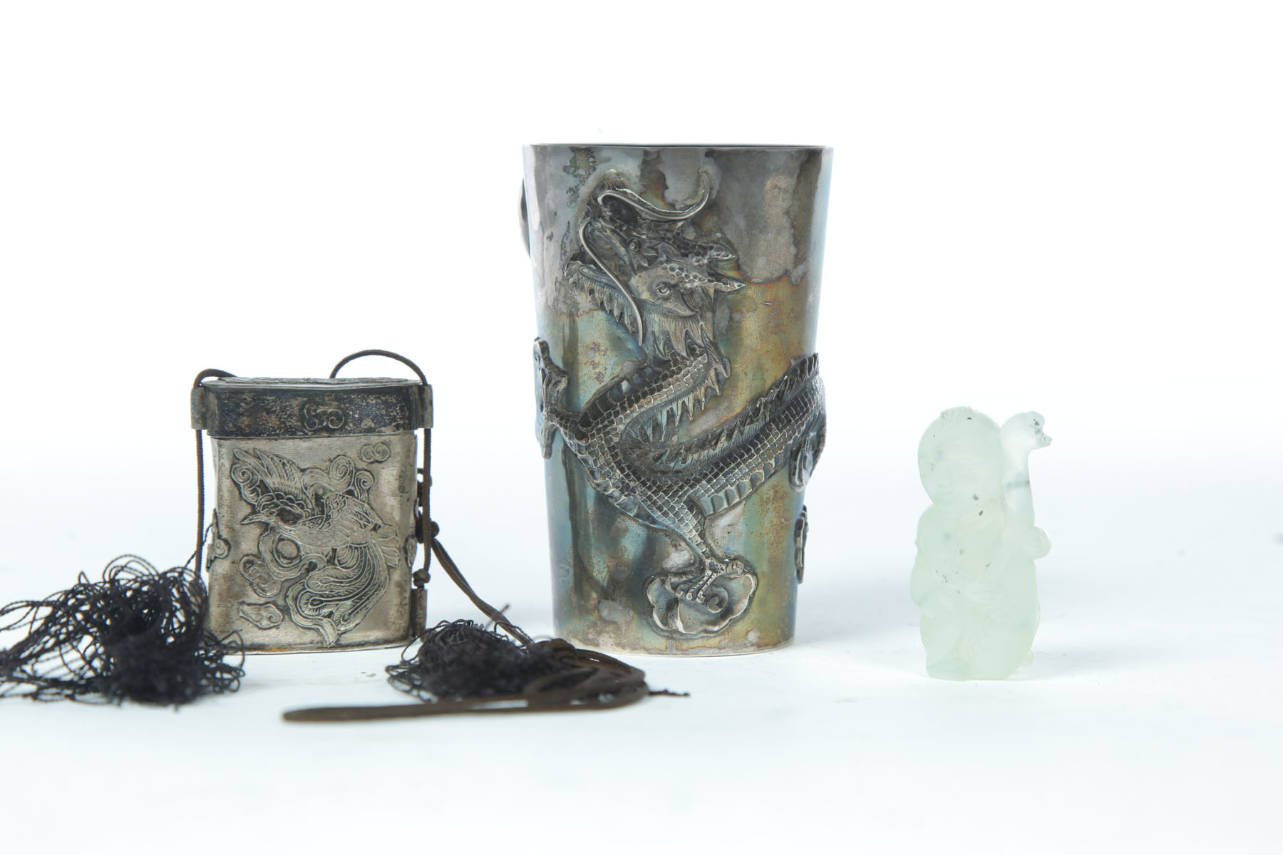 Appraisal: THREE SILVER AND JADE PIECES China th- th century Silver