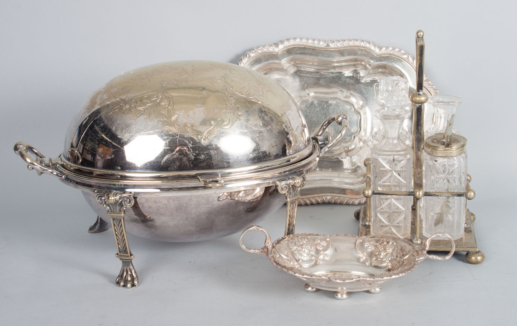 Appraisal: Box of assorted silver-plated items including serving pieces bowls trays