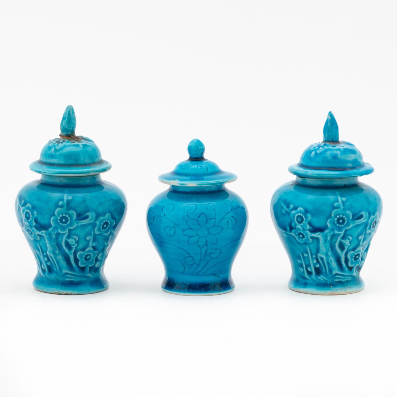 Appraisal: PC MINIATURE TURQUOISE FLORAL MOTIF GINGER JARS Group of three