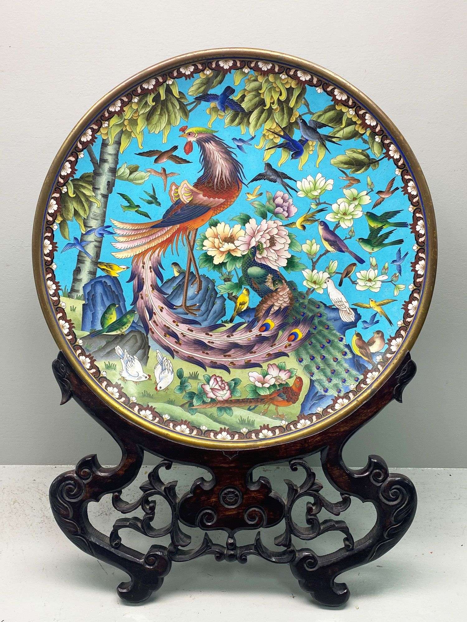 Appraisal: Chinese Bronze Cloisonne Birds Charger on Stand th c in