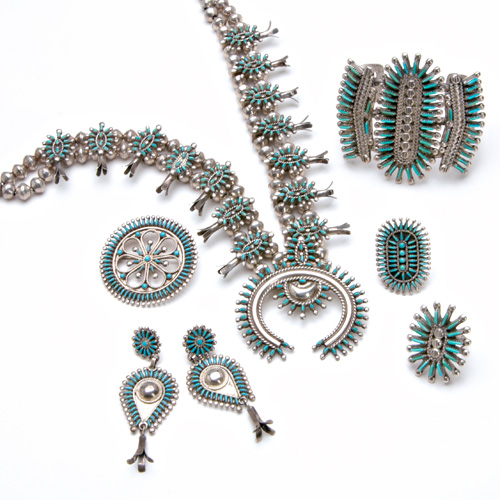 Appraisal: ZUNI Seven petitpoint turquoise and silver pieces Lucy Dewa squash