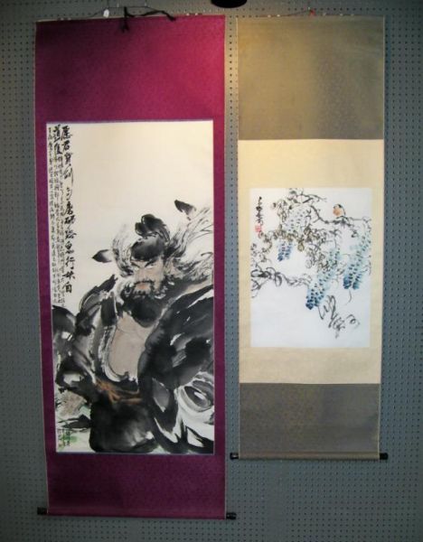 Appraisal: - Oriental Scroll Wall Hangings Lot includes Watercolor Asian Samurai