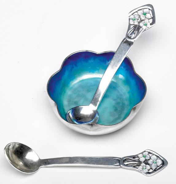 Appraisal: MILDRED WATKINS Rare chased and enameled sterling silver lobed salt