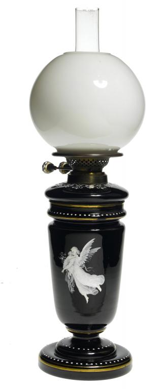 Appraisal: A VICTORIAN WHITE ENAMELLED AND GILT BLACK GLASS OIL LAMP