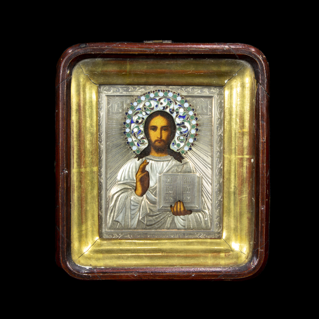 Appraisal: A RUSSIAN CLOISONNE ENAMEL SILVER OKLAD ICON OF CHRIST PANTOCRATOR