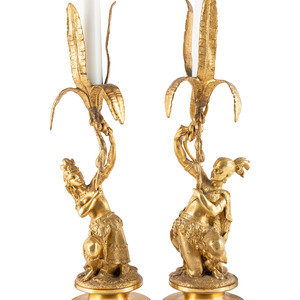 Appraisal: A Pair of Figural Gilt Metal Candlesticks electrified Height of