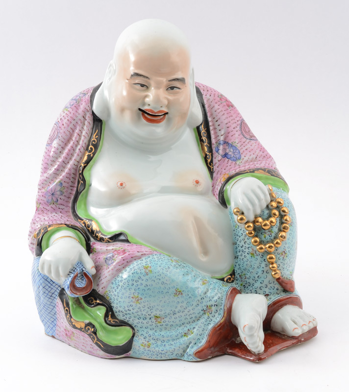 Appraisal: CHINESE EXPORT PORCELAIN HOTEI SEATED BUDDHA Polychrome decorated figure of