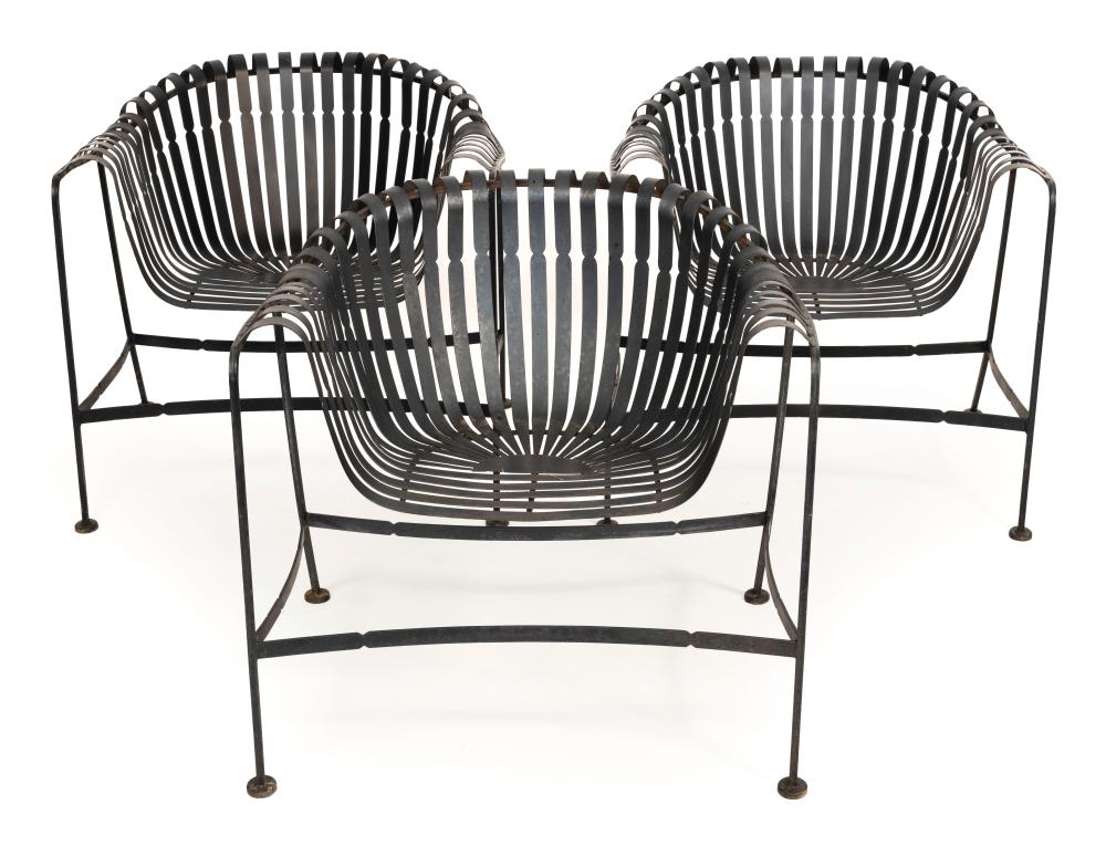 Appraisal: THREE WROUGHT IRON BARREL-FORM PATIO CHAIRS TH CENTURY BACK HEIGHTS