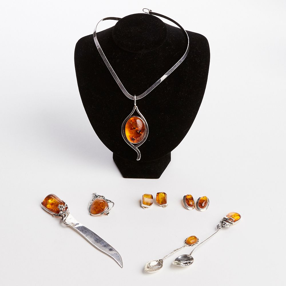 Appraisal: Grp Art Nouveau Amber Sterling Silver Jewelry Accessories Group of