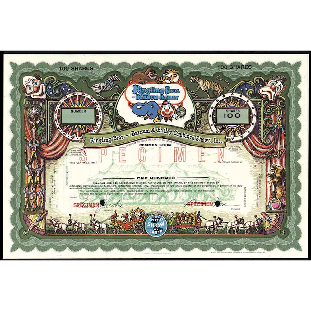 Appraisal: Vintage SPECIMEN Colorful Ringling Bros - Barnum Bailey Stock Certificate