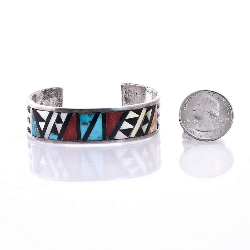 Appraisal: NATIVE AMERICAN MUTLI-STONE INLAY SILVER CUFF BRACELET Geometric pattern Approximate