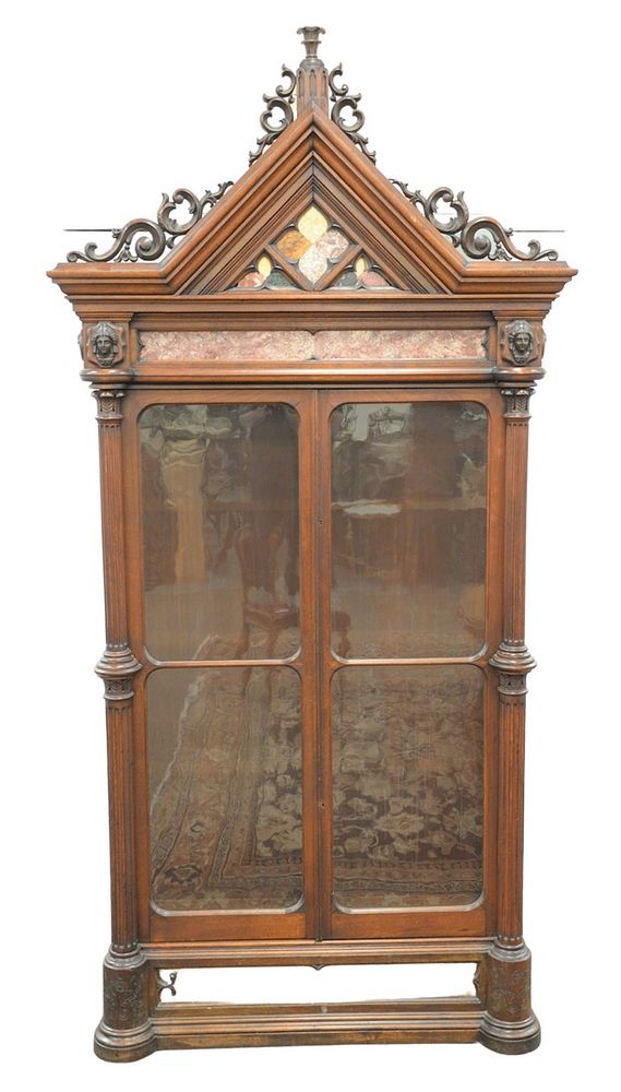 Appraisal: Victorian Walnut Gothic Cabinet having pierced carved pediment over specimen