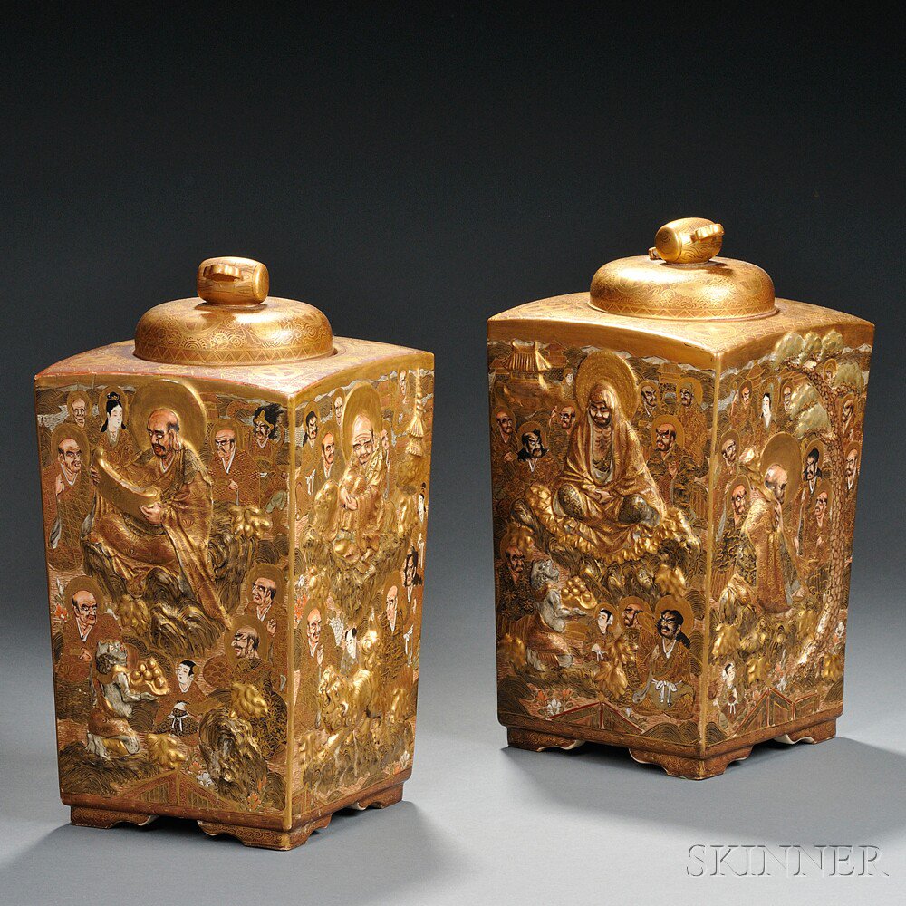 Appraisal: Two Satsuma Covered Jars Japan th century square the sides