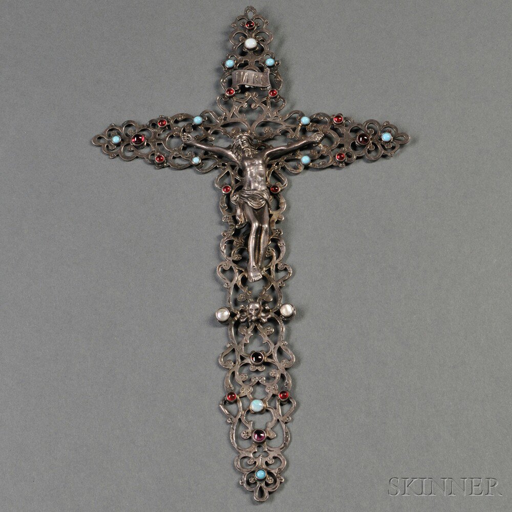 Appraisal: Continental Jeweled Sterling Silver Crucifix probably Hanau Germany bearing London