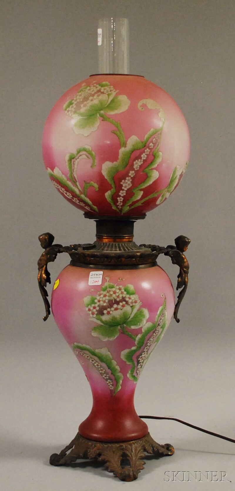 Appraisal: Late Victorian Figural Cast Metal-mounted Painted and Floral-decorated Opaque Glass