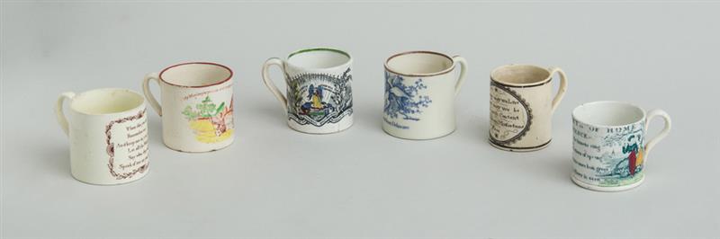 Appraisal: GROUP OF SIX STAFFORDSHIRE TRANSFER-PRINTED CHILD'S MUGS Each with inscription