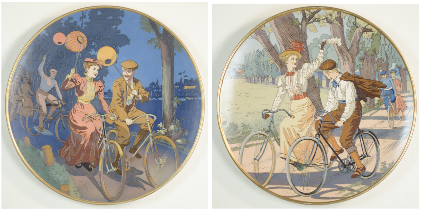 Appraisal: TWO METTLACH ETCHED POTTERY PLAQUES Man and Woman Riding Bicycles