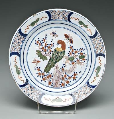 Appraisal: Delft shallow bowl Chinese style decoration central medallion with parrot