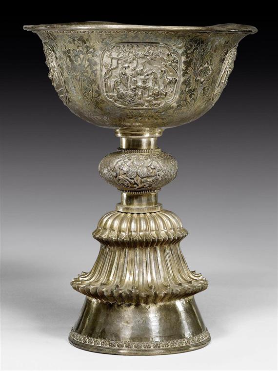 Appraisal: A VERY FINE AND LARGE SILVER BUTTER LAMP Tibet antique