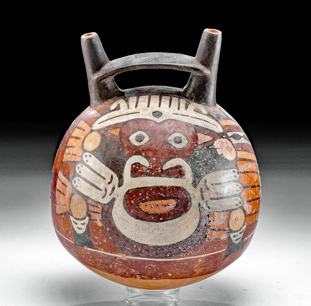 Appraisal: Nazca Polychrome Bridge Spout Vessel w Mythical Being Pre-Columbian South