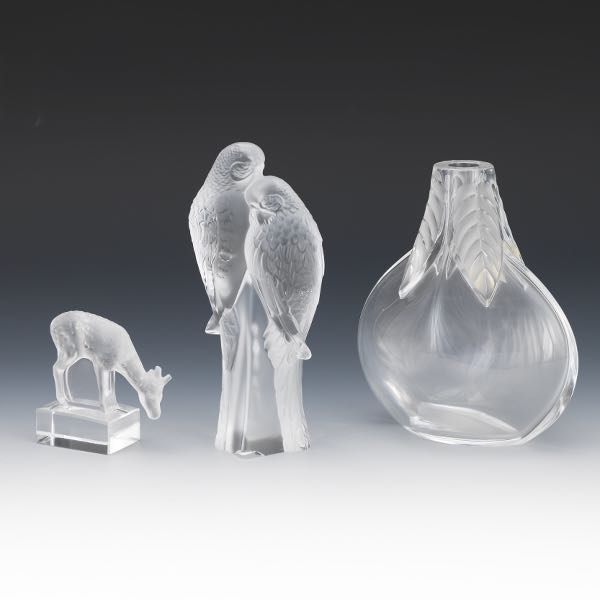 Appraisal: LALIQUE OSUMI VASE TOGETHER WITH DEER AND LOVEBIRDS Lalique clear