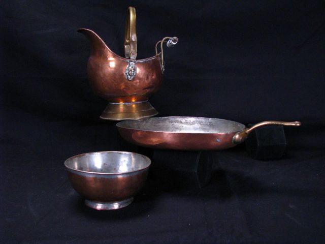 Appraisal: Three copper pieces including small handled coal hod with blue