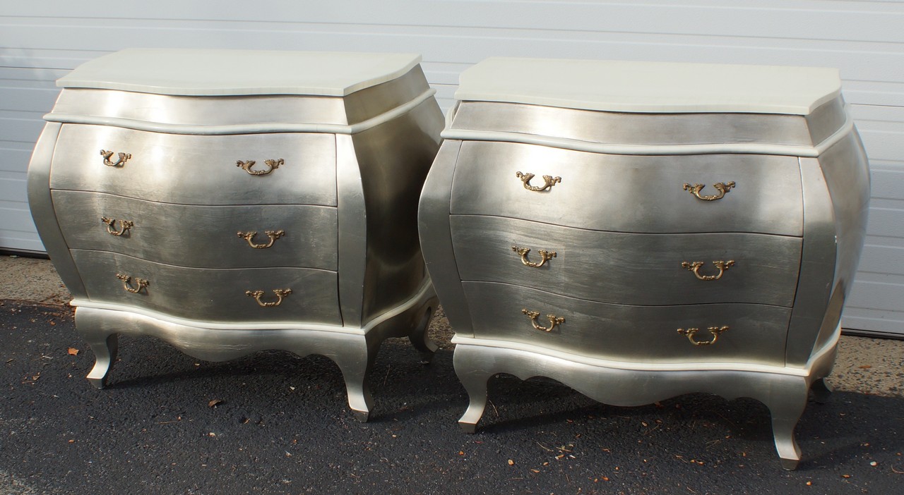 Appraisal: Pr white and silver finished bombe drawer commodes approx -