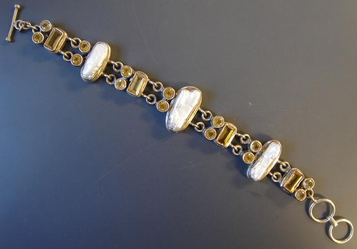 Appraisal: Sterling Pearl Citrine Bracelet Three large baroque pearls and rectangular