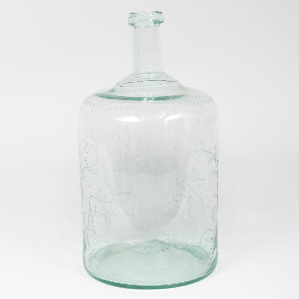 Appraisal: Continental Brown Glass Engraved Demijohn Etched with a hunting scene