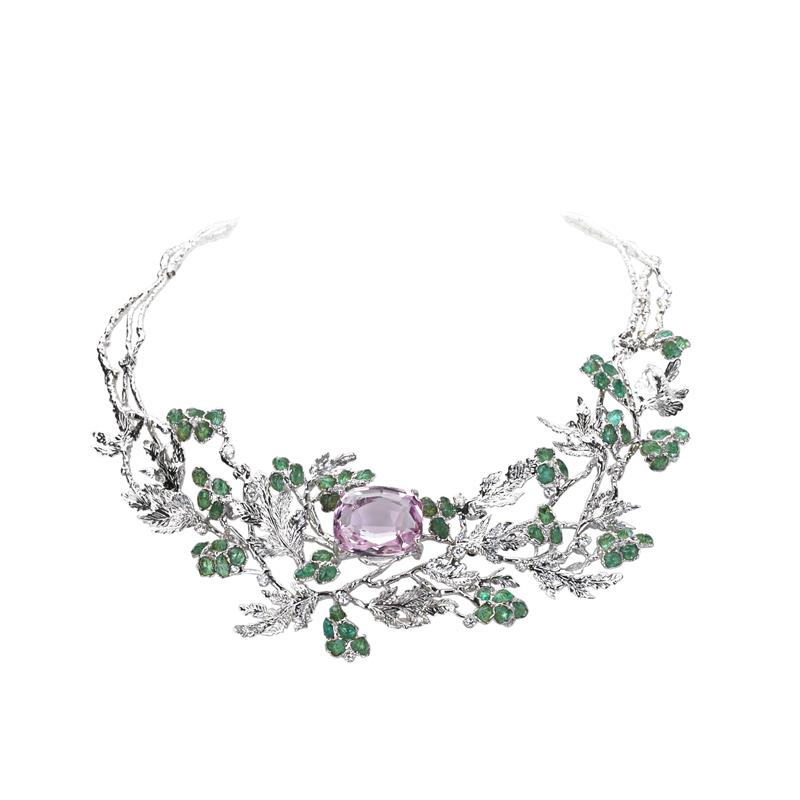 Appraisal: BARBARA ANTON KUNZITE DIAMOND EMERALD NECKLACE Condition Report Assay may