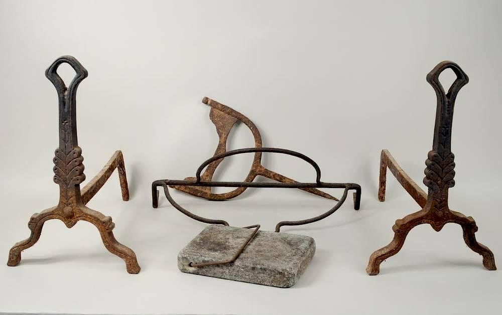 Appraisal: Group Fireplace Andirons Iron Items Group of iron items including