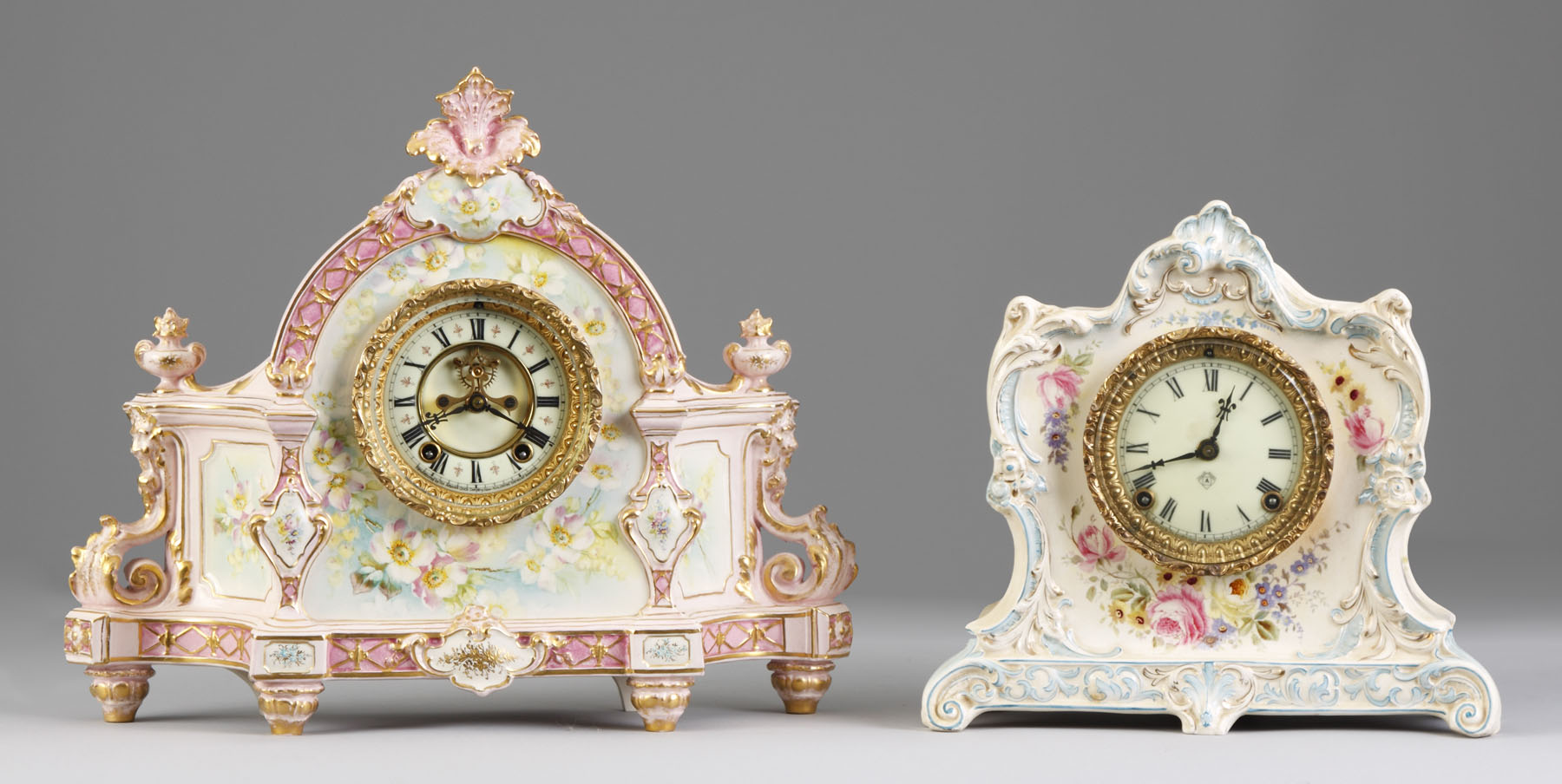 Appraisal: Ansonia Porcelain Shelf Clock Royal Bonn case with hand painted