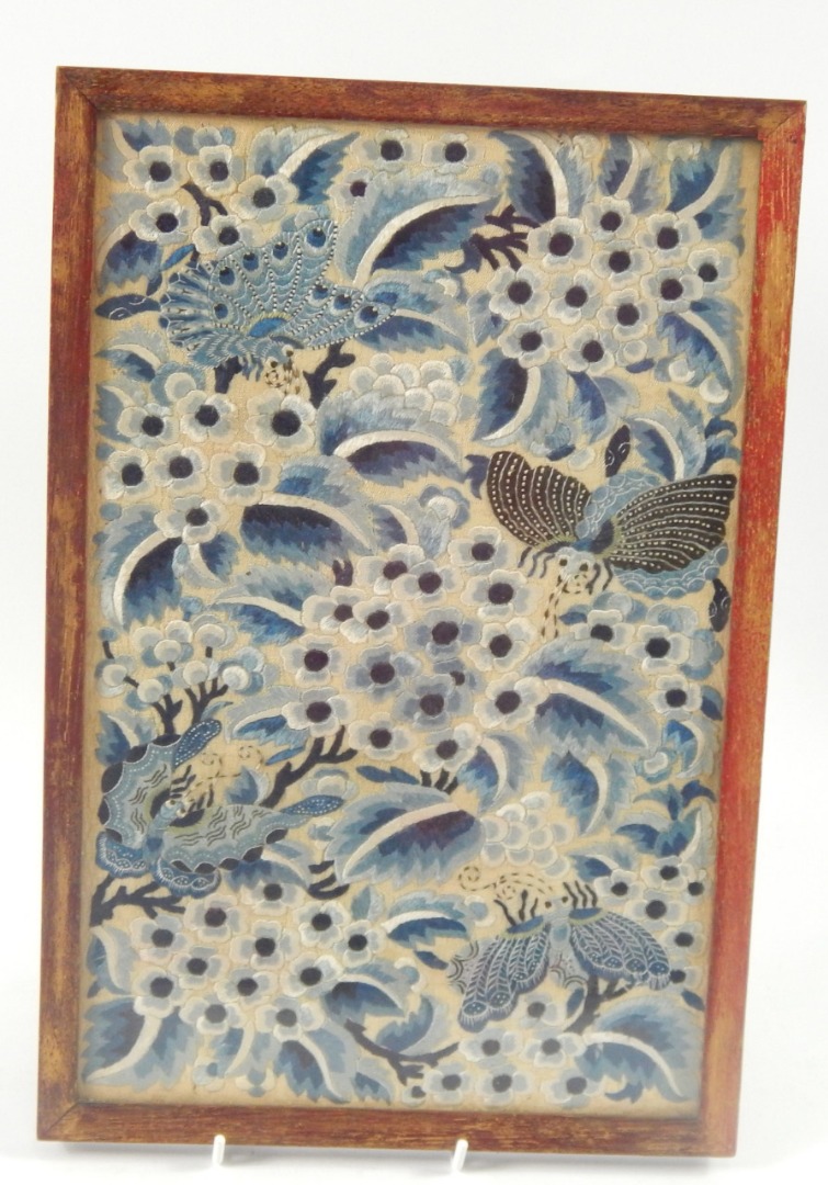 Appraisal: A Chinese silk panel stitched in blue with butterflies and