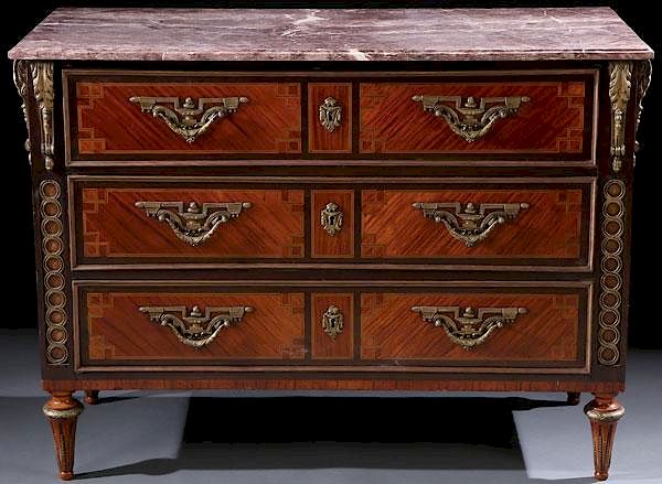 Appraisal: LOUIS XVI STYLE PARQUETRY BRONZE MARBLE COMMODE A FINE LOUIS