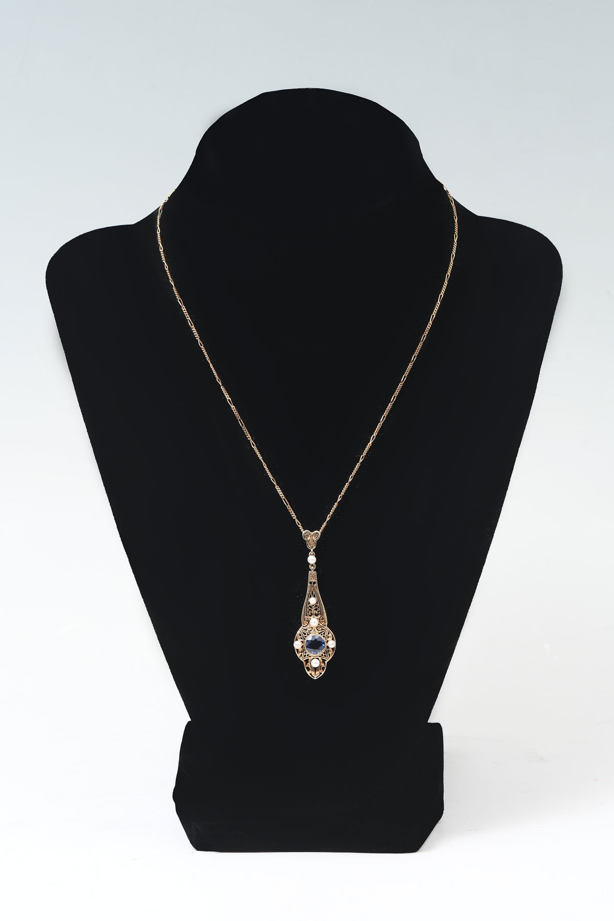 Appraisal: K FILIGREE SAPPHIRE PEARL PENDANT NECKLACE Ca K yellow gold