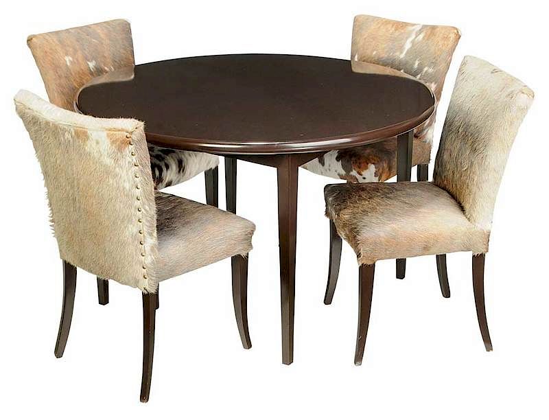 Appraisal: Round Lacquer Table and Four Cowhide Side Chairs modern unmarked