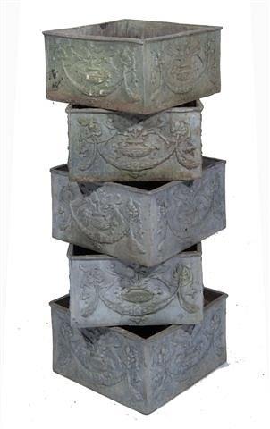 Appraisal: A SET OF FIVE OLD LEAD SQUARE PLANTERS with embossed