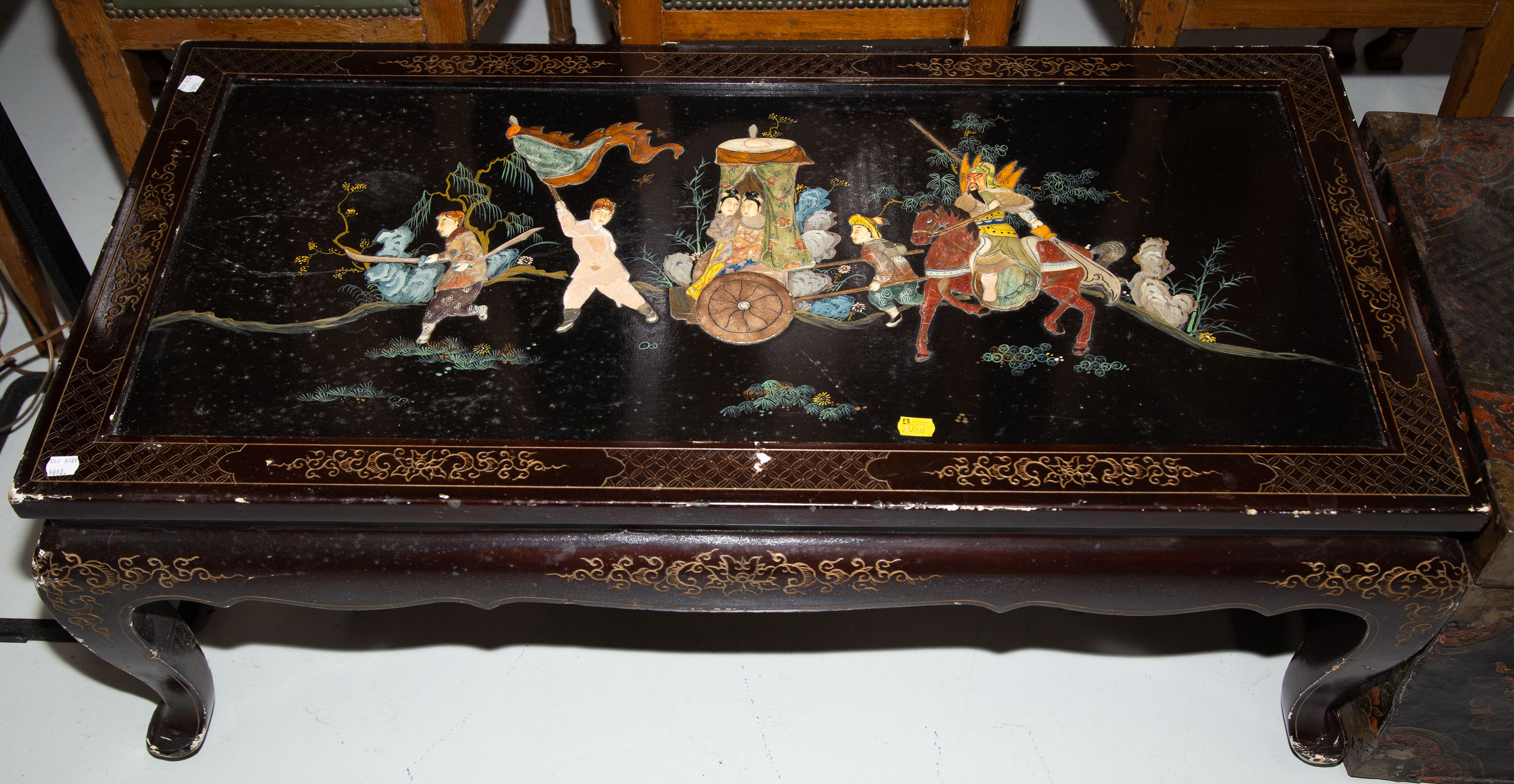 Appraisal: CHINESE PAINTED COFFEE TABLE th century with colored stone appliques