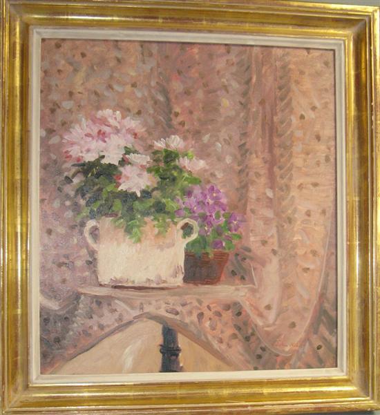 Appraisal: JOHN MILLER oil on canvas flowers against a pink curtain