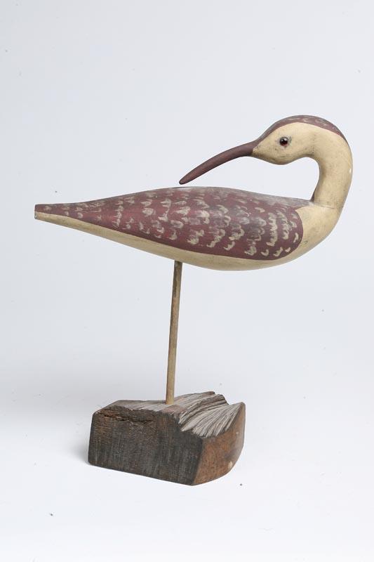 Appraisal: CARVED SHOREBIRD American th century hardwood Preening position Original paint