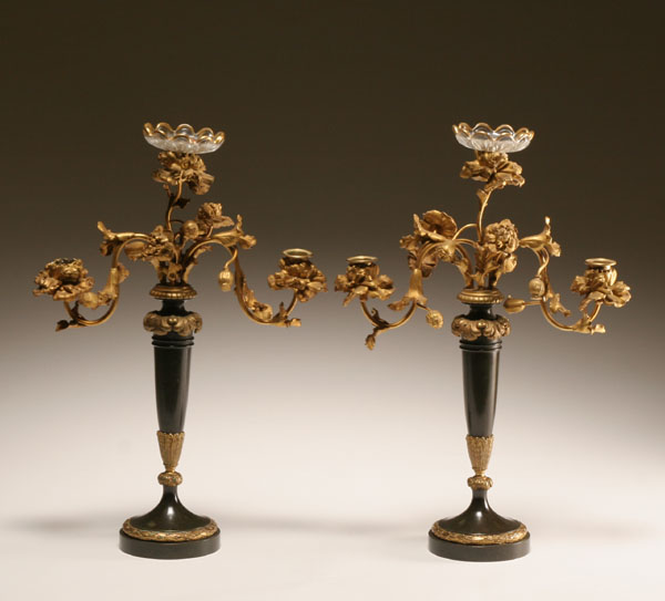 Appraisal: Pair bronze candelabra with ormolu mounts patinated surface three light