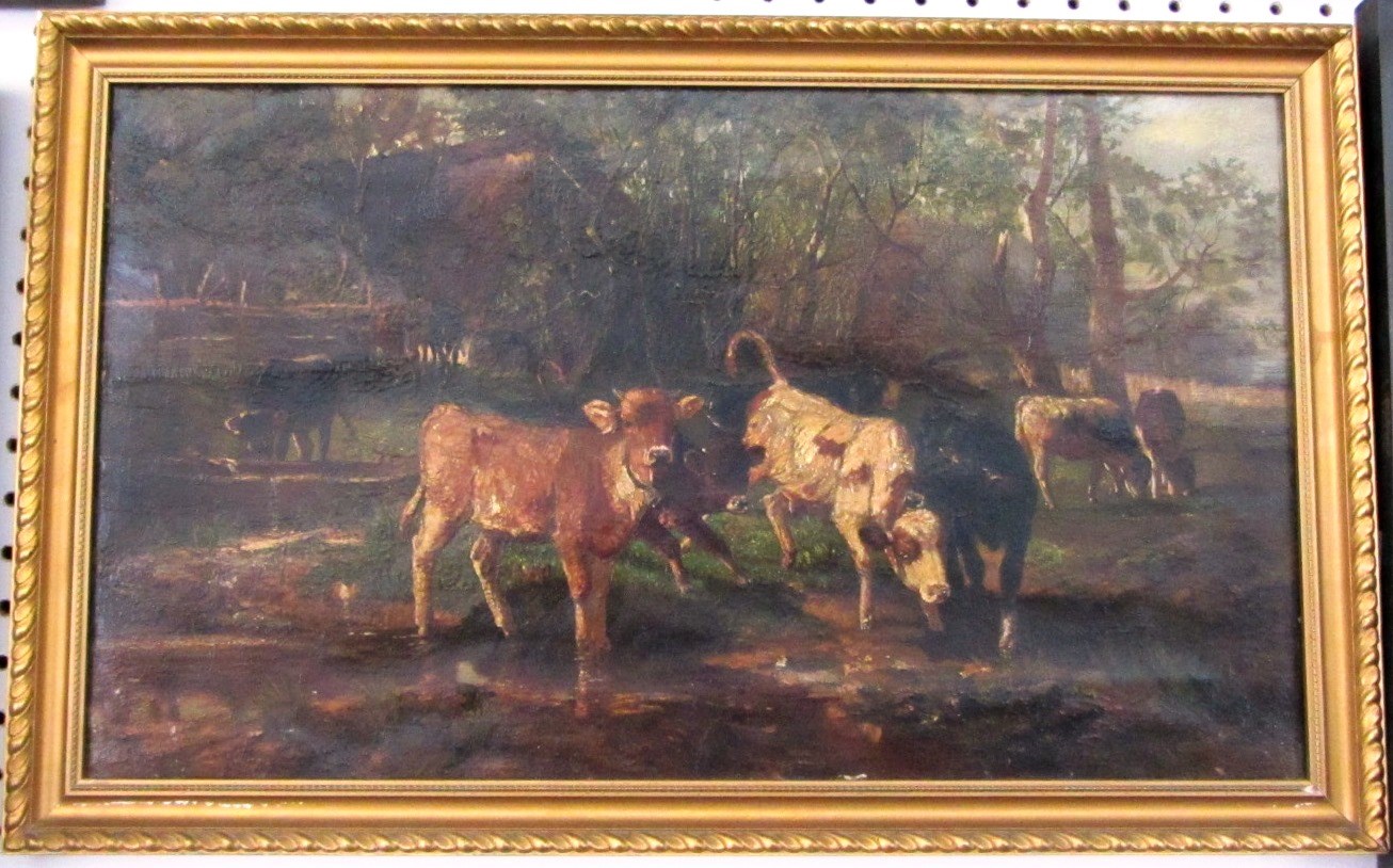 Appraisal: English School th century Cattle watering oil on canvas cm