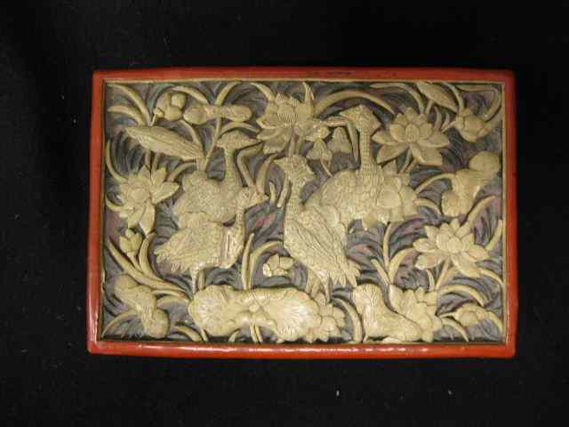 Appraisal: Chinese Multi-color Cinnabar Box deep carved top with birds foliage