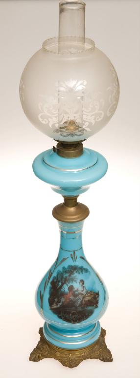 Appraisal: th CENTURY TURQUOISE GLASS OIL LAMP of baluster form printed