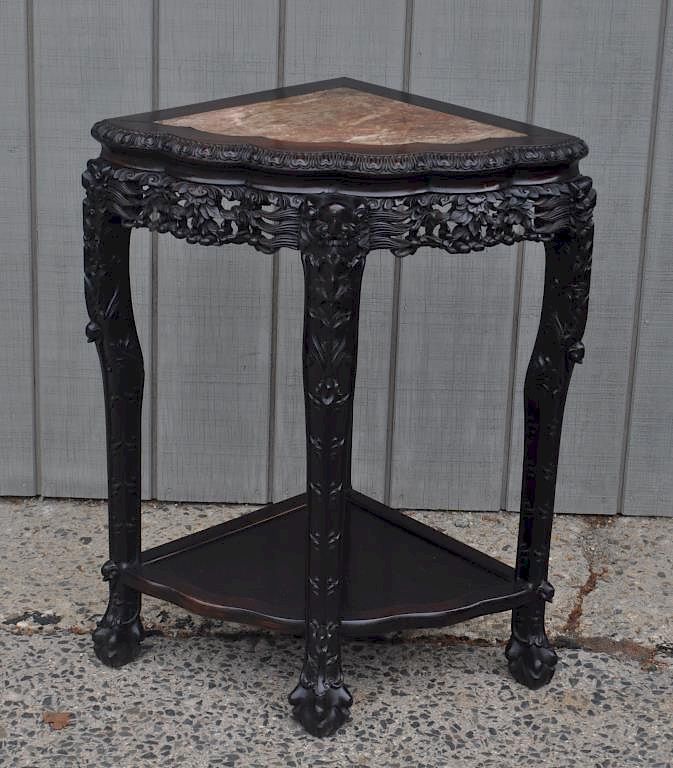 Appraisal: Chinese Carved Hardwood Marble Top Corner Table the top with