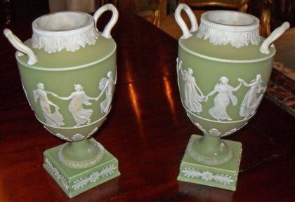 Appraisal: Pair of pale green jasperware urnsearly th century