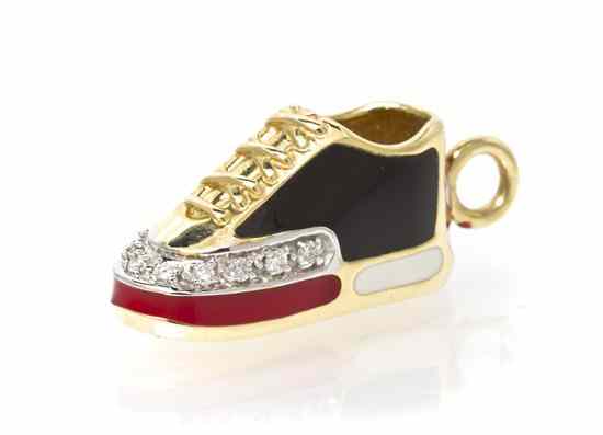 Appraisal: A Karat Yellow Gold Polychrome Enamel and Diamond Shoe Charm